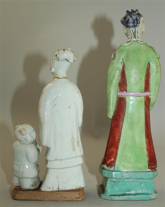 Two Chinese glazed biscuit porcelain figures or groups, late 18th / early 19th century, 17.5cm, both with slight losses